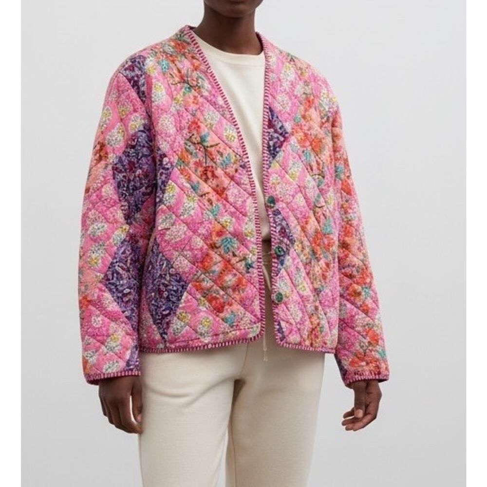 Beau & Ro Quilted Patchwork Jacket Pink Floral Cotton Blend Button Front XL